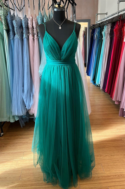 Ada | Hunter Green A-line Plunging V Neck Double Straps Pleated Long Prom Dress - Prom Dress - DINIBLO 