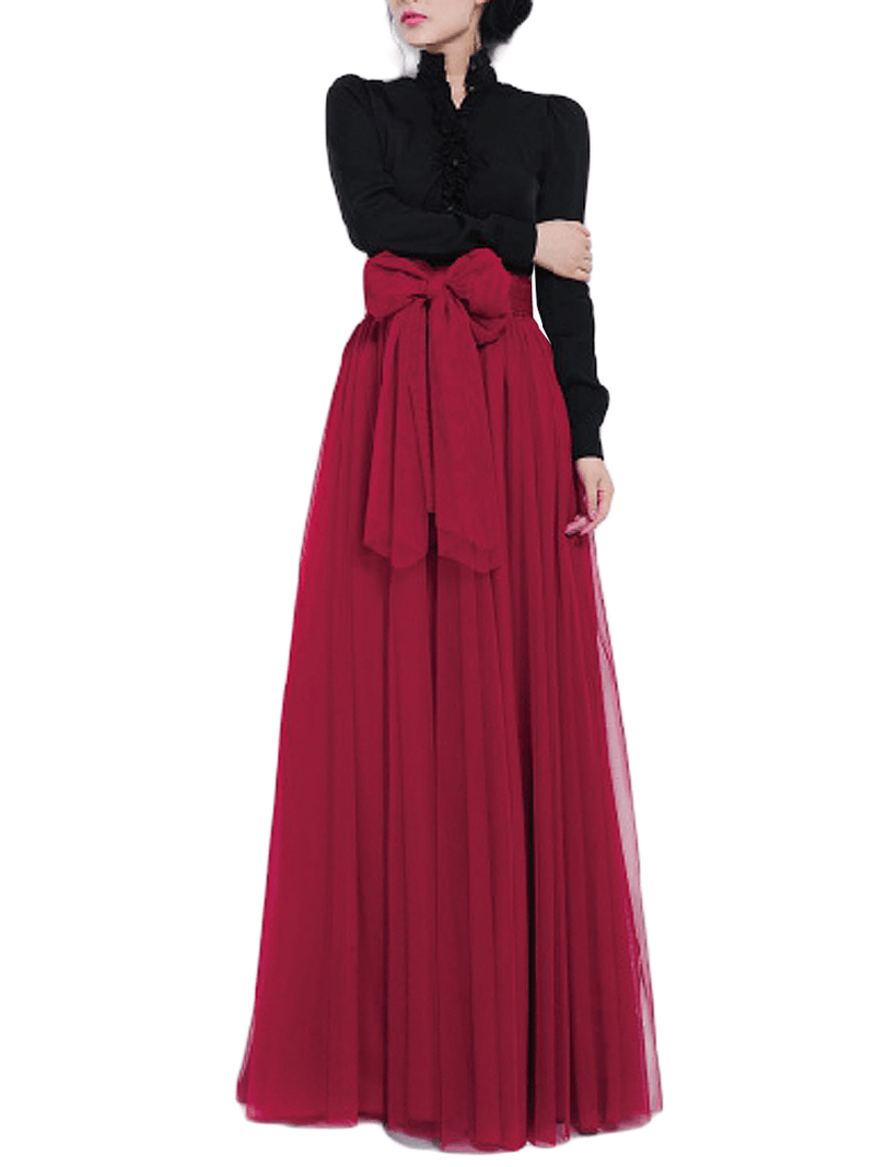 Solid Color Mesh Tulle Pleated Maxi Skirt - Skirts - DINIBLO 