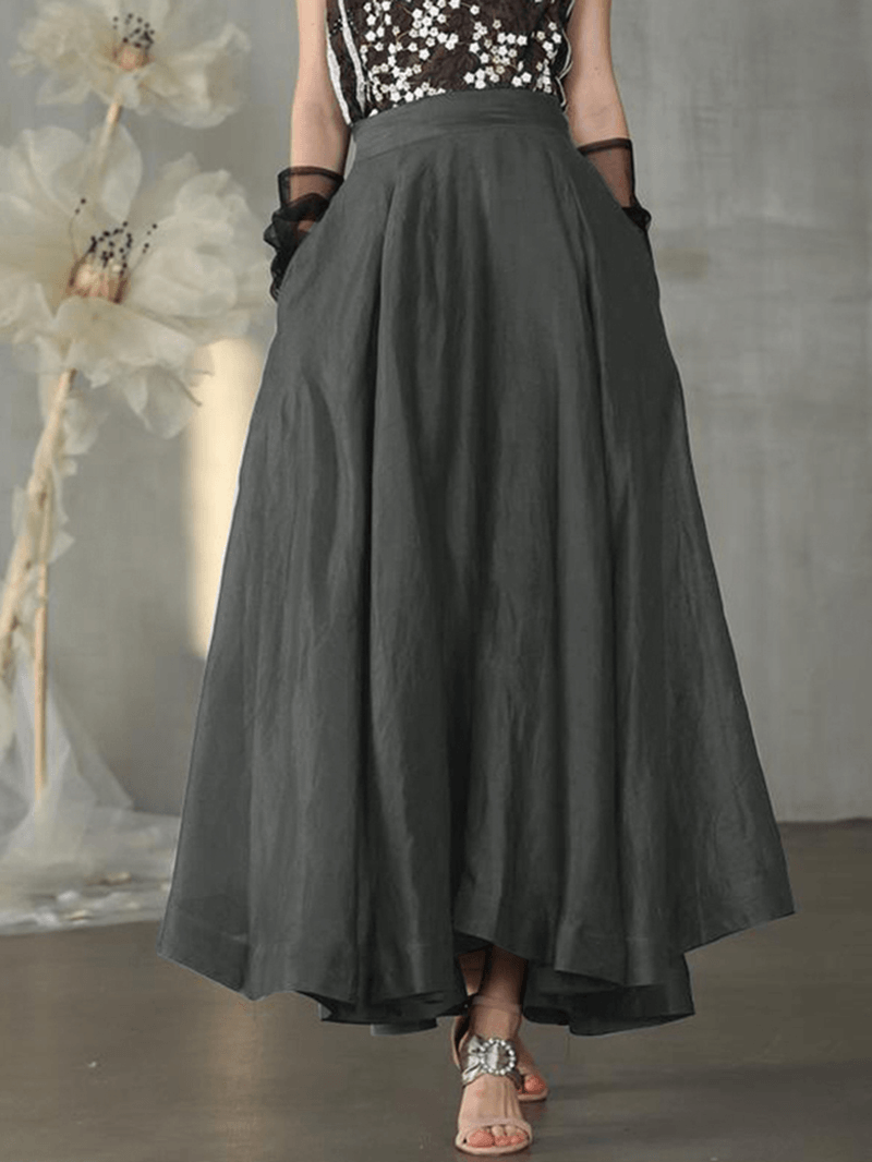 Vintage Solid High Elastic Waist Side Pocket Big Swing Pleated Skirts - Skirts - DINIBLO 