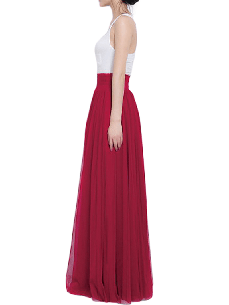 Solid Color Mesh Tulle Pleated Maxi Skirt - Skirts - DINIBLO 