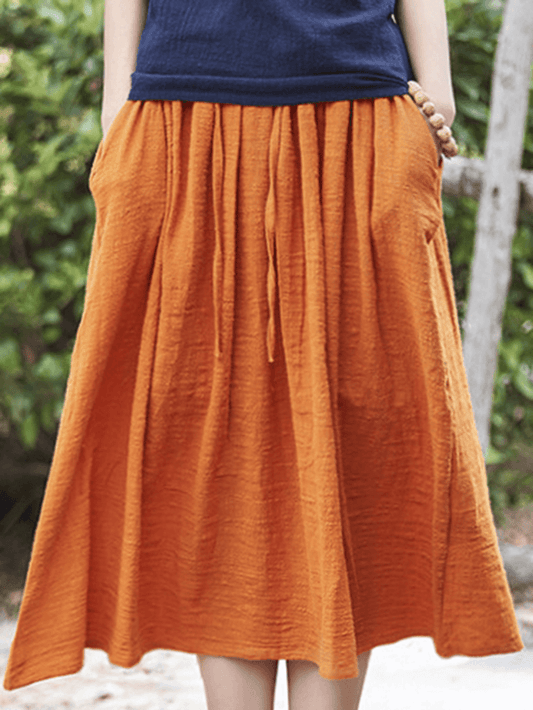 Women Casual Solid Color Cotton Linen Skirts - Skirts - DINIBLO 