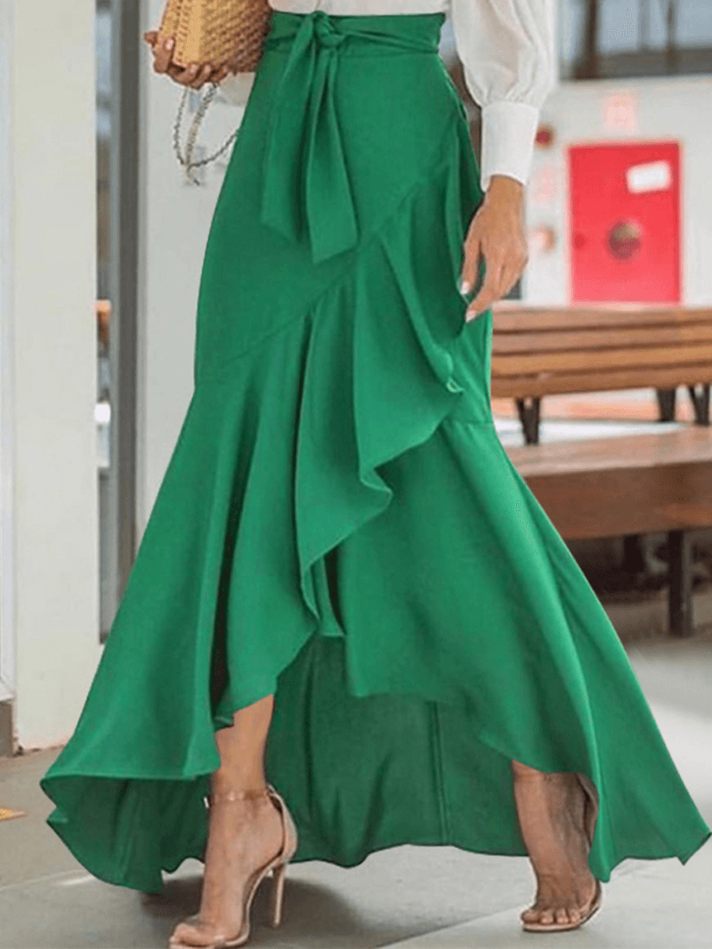 Women's Solid Color High Waist Ruffle High Low Hem Swing Maxi Skirts for Fashionable Style - Skirts - DINIBLO 