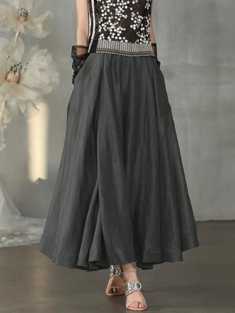 Vintage Solid High Elastic Waist Side Pocket Big Swing Pleated Skirts - Skirts - DINIBLO 