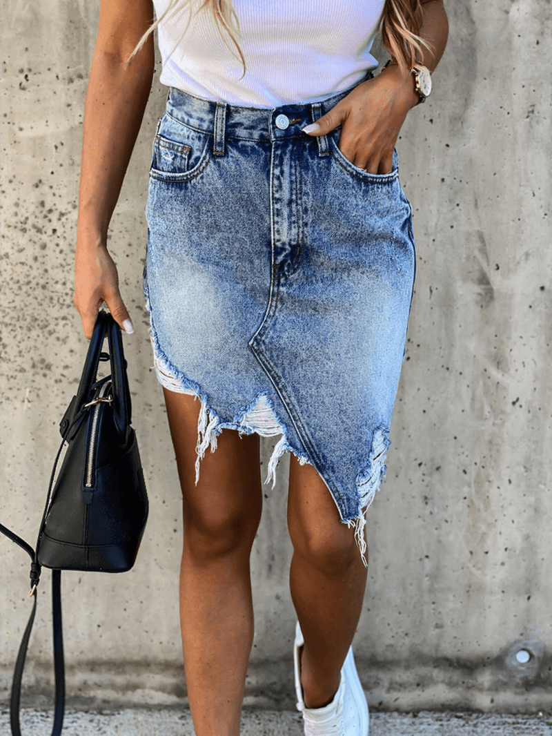 High Waist Ripped Denim Skirt for Women with Pocket and Irregular Hem -  - DINIBLO 