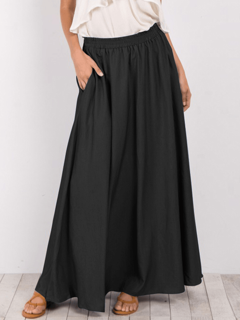 Women Pure Color Elastic Waist Simple Swing Skirts with Pocket - Skirts - DINIBLO 