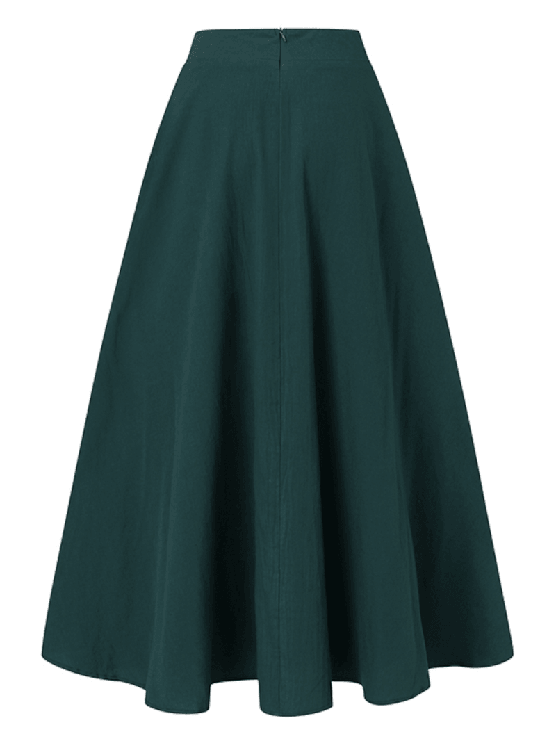 Women Solid Color Back Zip Pleated Casual Swing Skirts with Pocket - Skirts - DINIBLO 