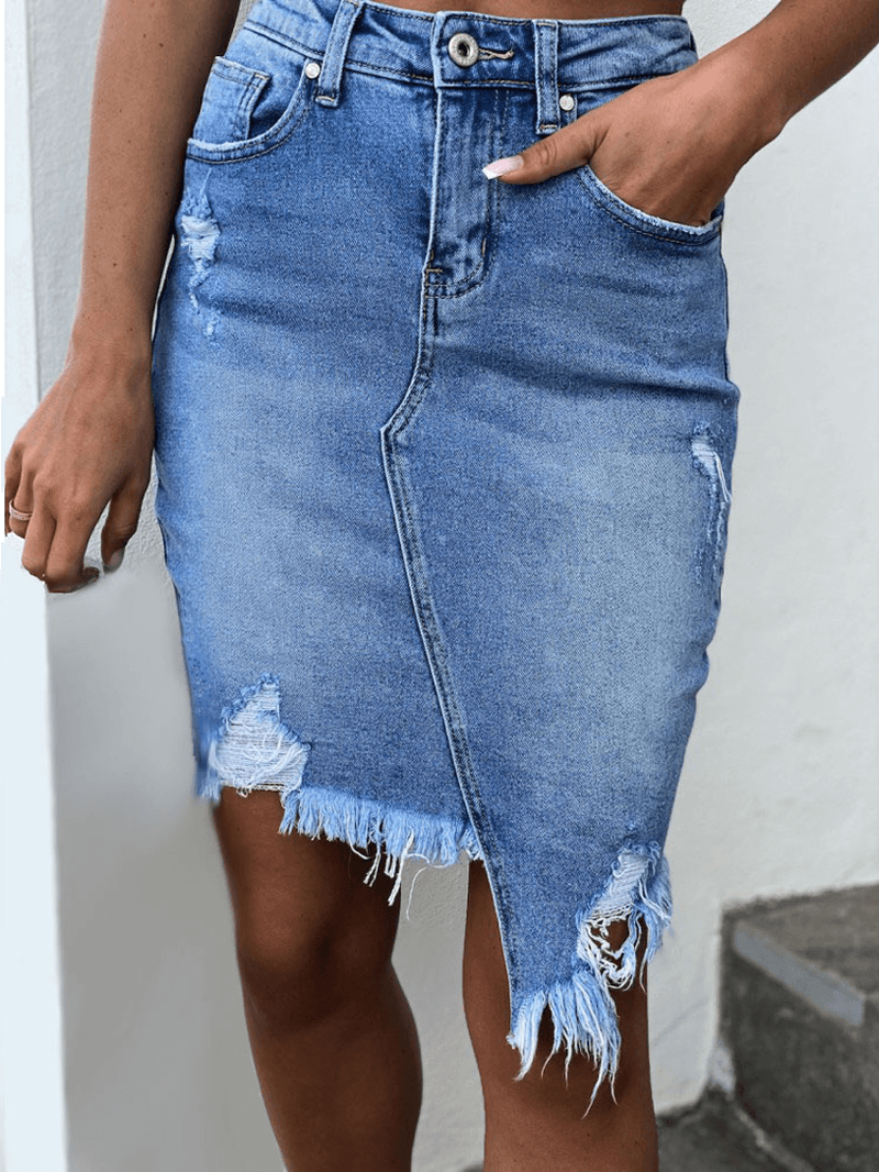 High Waist Ripped Denim Skirt for Women with Pocket and Irregular Hem -  - DINIBLO 