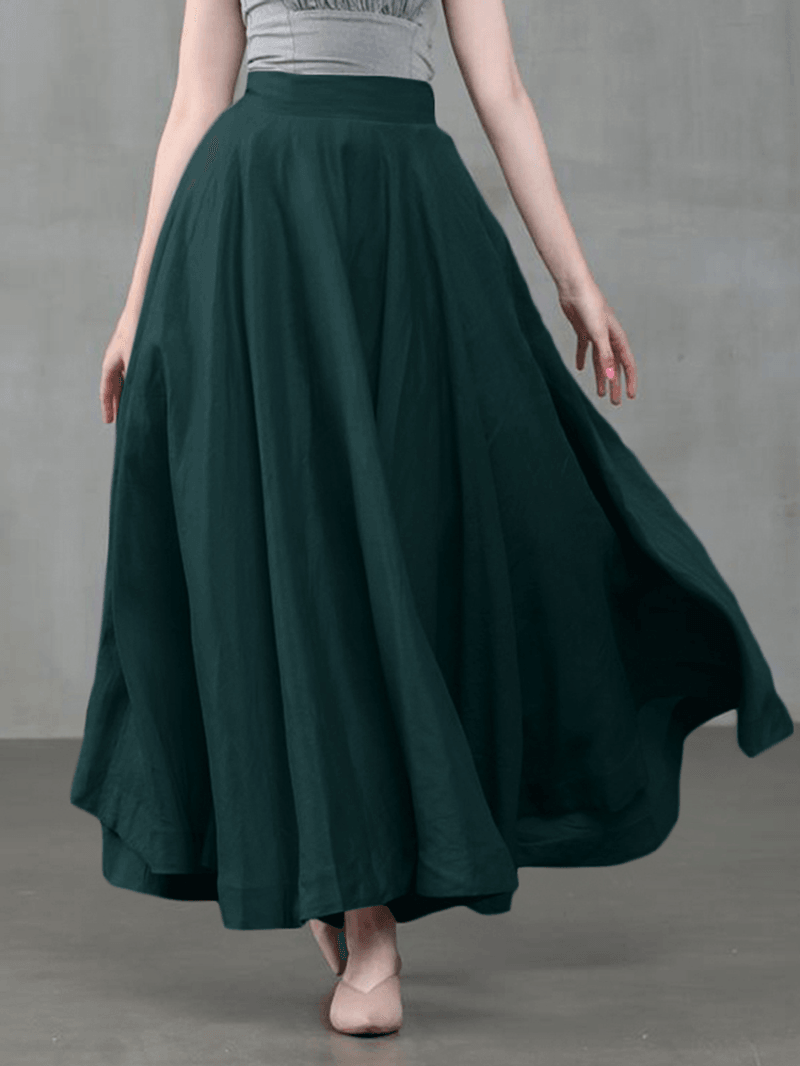 Women Solid Color Back Zip Pleated Casual Swing Skirts with Pocket - Skirts - DINIBLO 