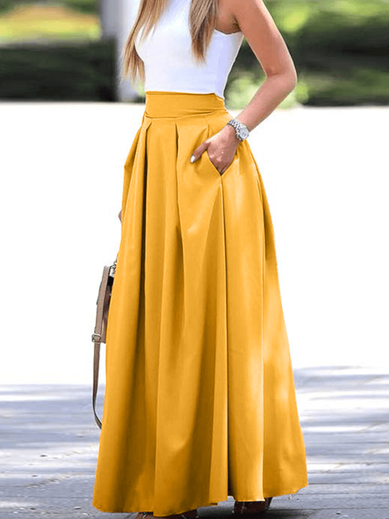 Women Solid Color High Waist Big Swing Zipper Casual Loose Long Skirt with Pocket - Skirts - DINIBLO 