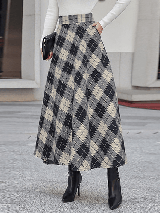 Women Plaid A-Line Vintage High Waist Skirts with Pocket - Skirts - DINIBLO 