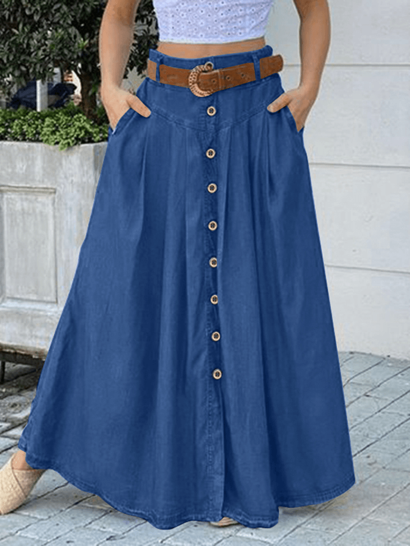 Women's Solid Color Casual Long Skirt with Pocket: Loose Fit and Comfortable Bottom Front - Skirts - DINIBLO 