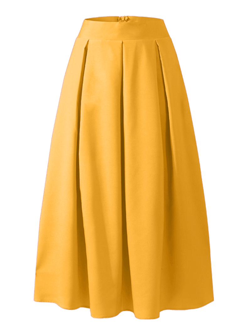 Women Solid Color High Waist Big Swing Zipper Casual Loose Long Skirt with Pocket - Skirts - DINIBLO 