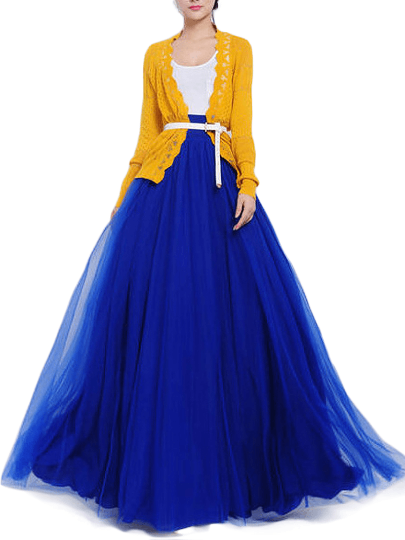 Solid Color Mesh Tulle Pleated Maxi Skirt - Skirts - DINIBLO 