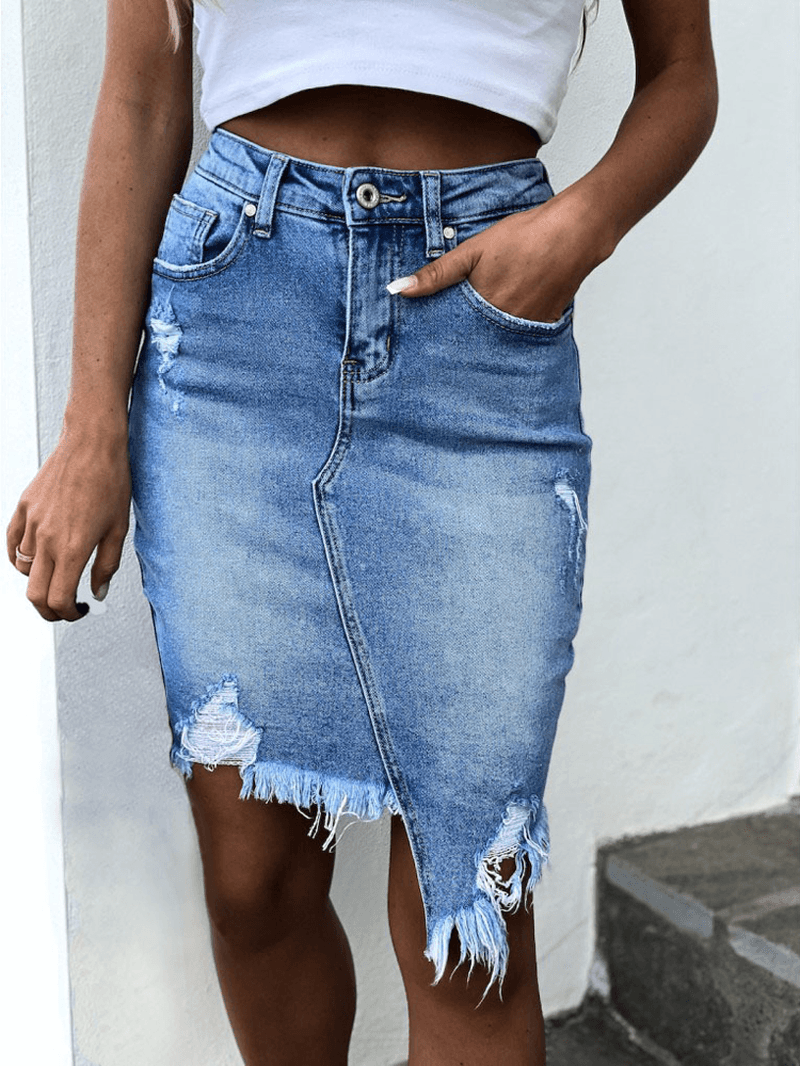 High Waist Ripped Denim Skirt for Women with Pocket and Irregular Hem -  - DINIBLO 