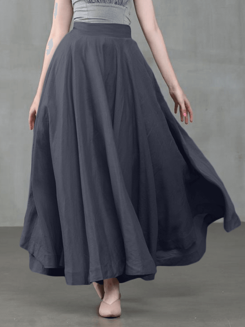 Women Solid Color Back Zip Pleated Casual Swing Skirts with Pocket - Skirts - DINIBLO 