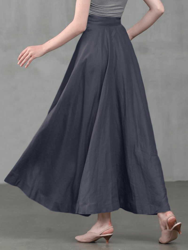 Women Solid Color Back Zip Pleated Casual Swing Skirts with Pocket - Skirts - DINIBLO 