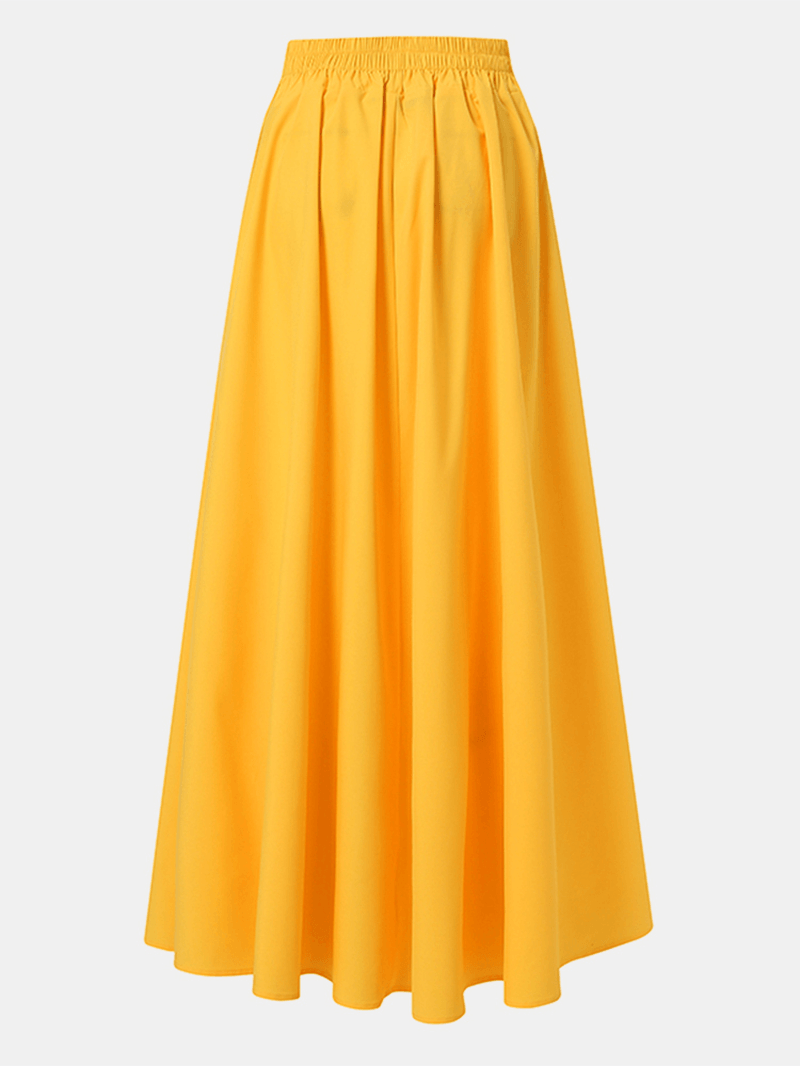 Women Solid Color A-Line Elastic Waist Casual Swing Skirts with Pocket - Skirts - DINIBLO 