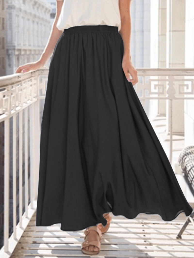 Women Pure Color Elastic Waist Simple Swing Skirts with Pocket - Skirts - DINIBLO 