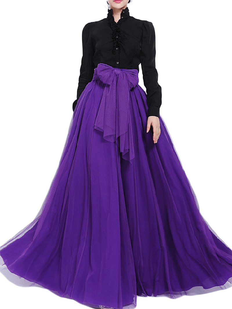 Solid Color Mesh Tulle Pleated Maxi Skirt - Skirts - DINIBLO 