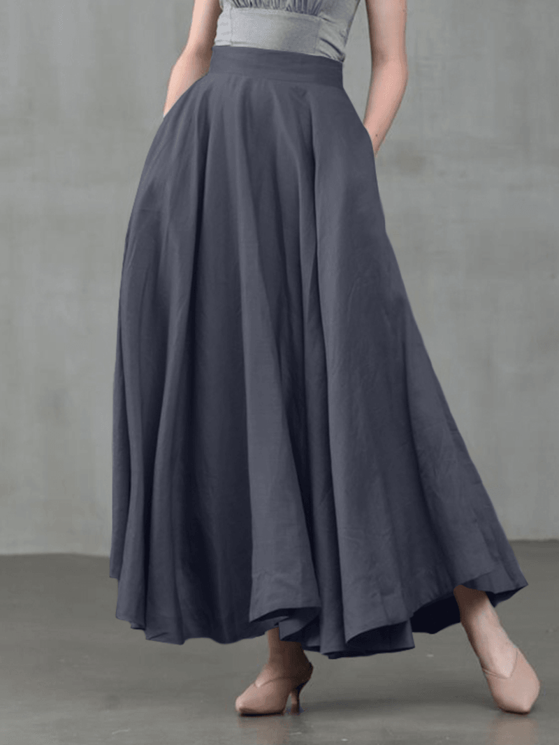 Women Solid Color Back Zip Pleated Casual Swing Skirts with Pocket - Skirts - DINIBLO 