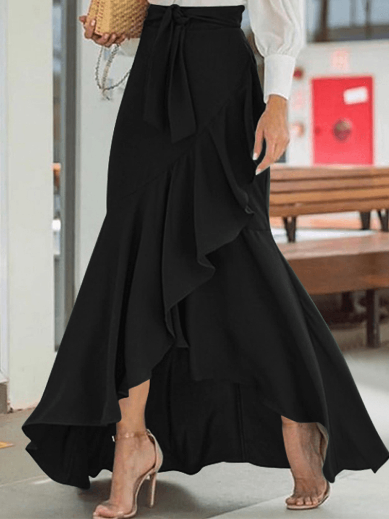 Women's Solid Color High Waist Ruffle High Low Hem Swing Maxi Skirts for Fashionable Style - Skirts - DINIBLO 