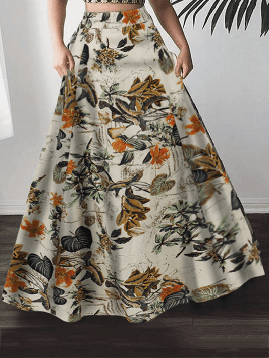 Women 100% Cotton Plant Floral Print High Waist Bohemia Maxi Skirts - Skirts - DINIBLO 