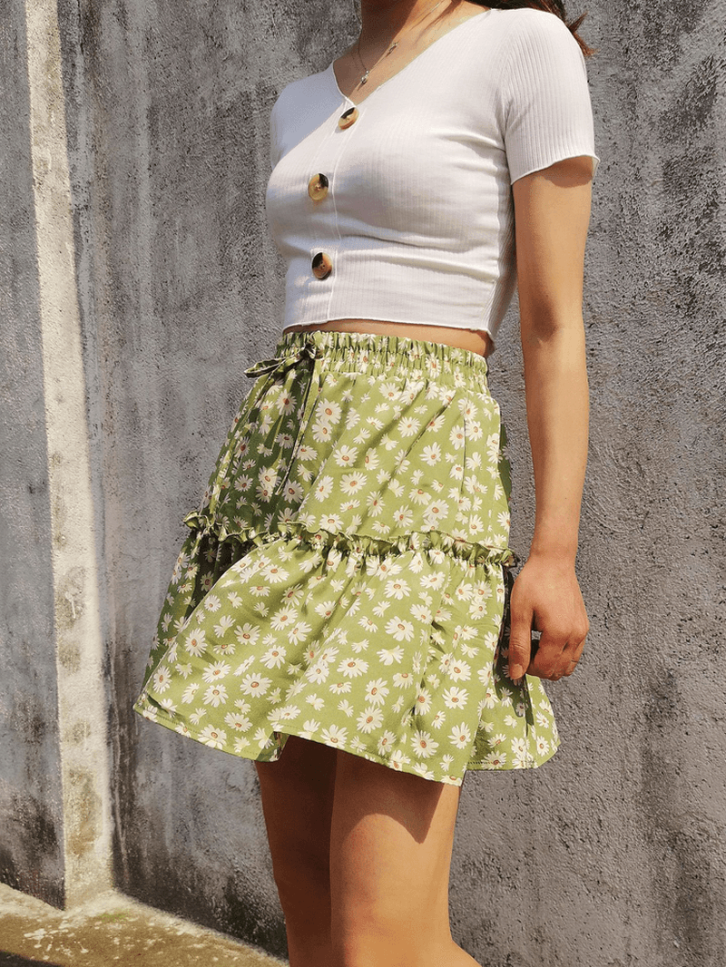 Small Daisies Print High Waist Ruffle Pleated Holiday A-Line Skirts - Skirts - DINIBLO 