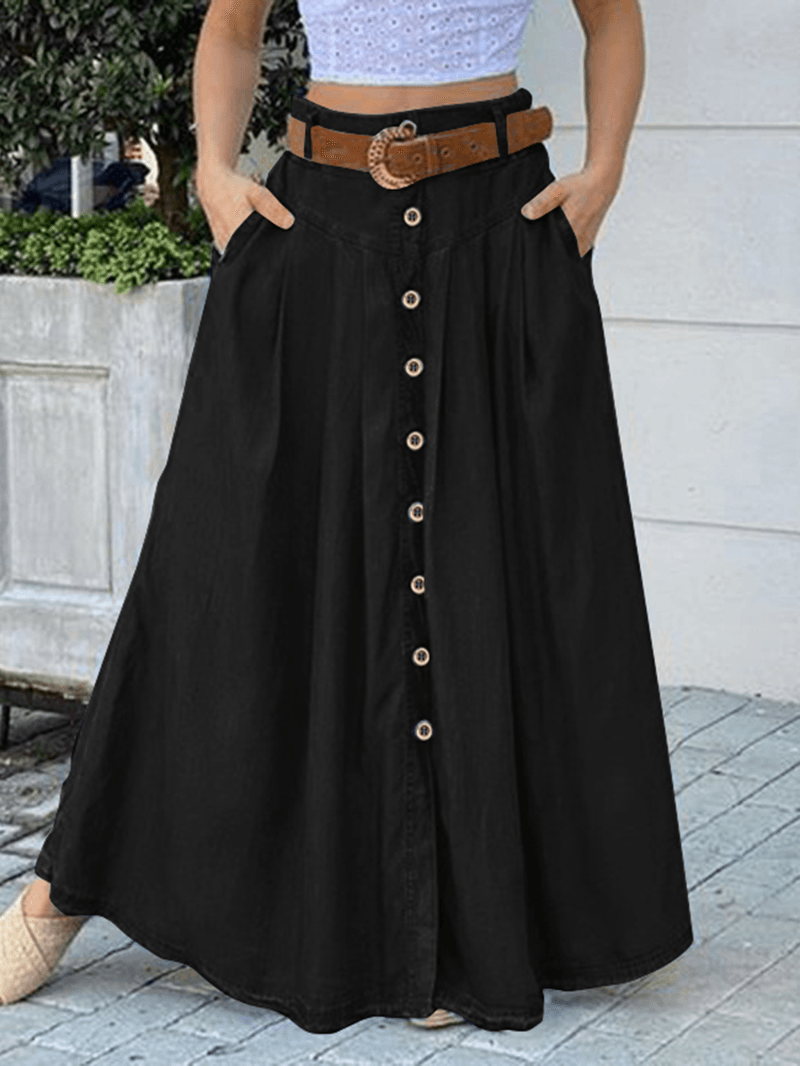 Women's Solid Color Casual Long Skirt with Pocket: Loose Fit and Comfortable Bottom Front - Skirts - DINIBLO 