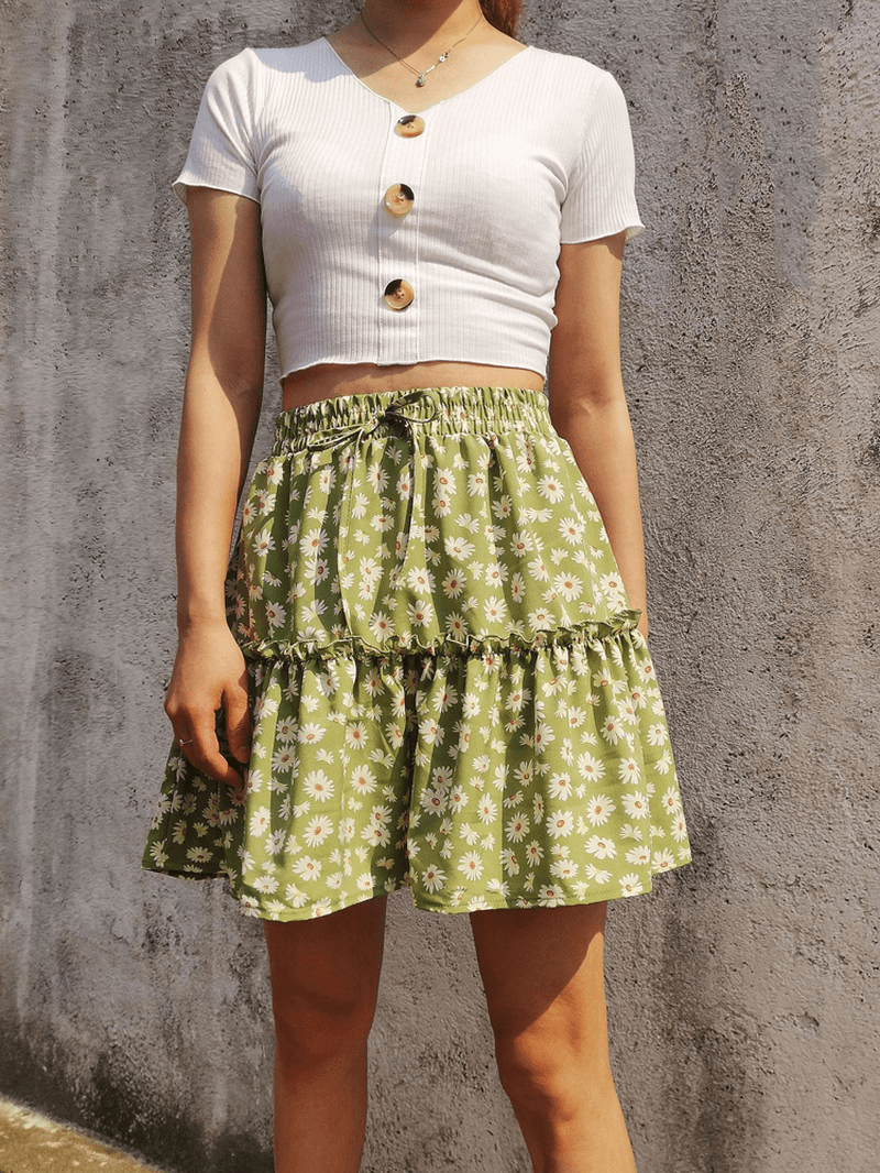 Small Daisies Print High Waist Ruffle Pleated Holiday A-Line Skirts - Skirts - DINIBLO 