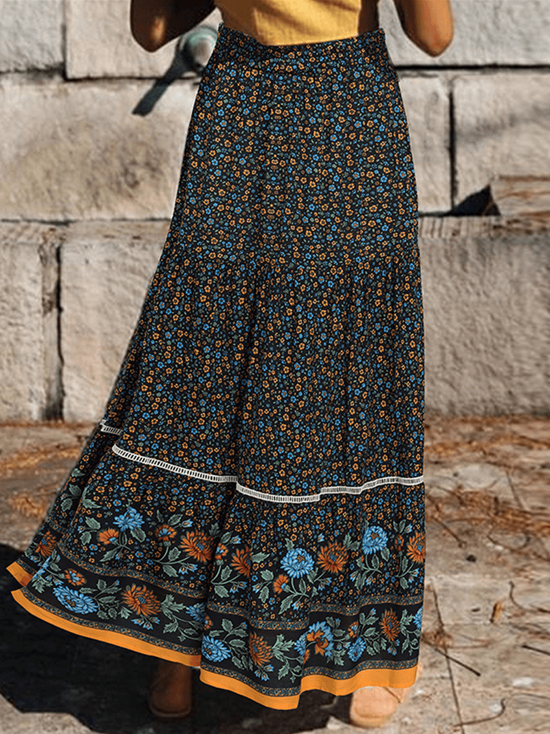 Floral Print Lace Patchwork Leisure Layered Elastic Waist Skirts for Women - Skirts - DINIBLO 