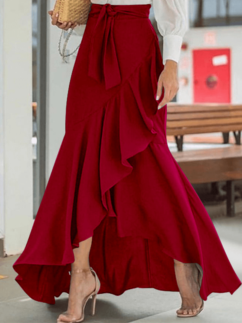 Women's Solid Color High Waist Ruffle High Low Hem Swing Maxi Skirts for Fashionable Style - Skirts - DINIBLO 