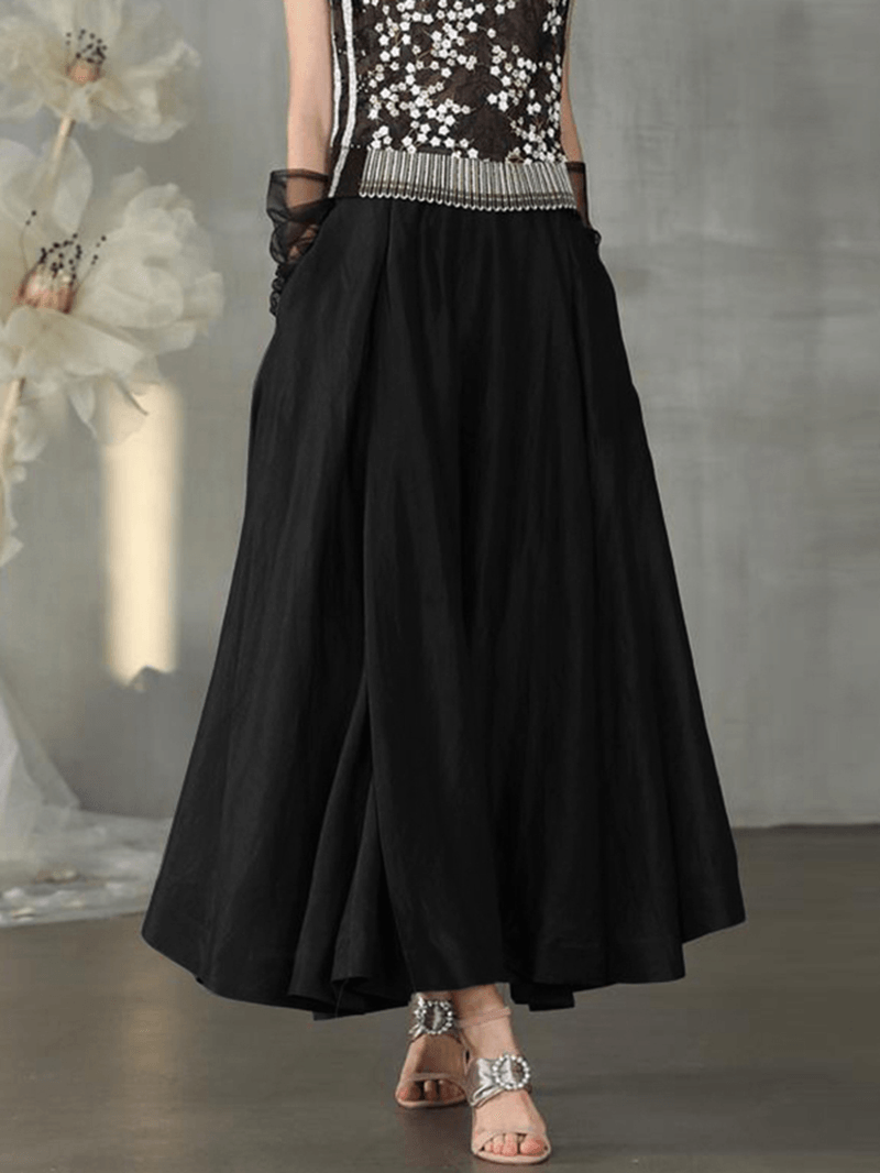 Vintage Solid High Elastic Waist Side Pocket Big Swing Pleated Skirts - Skirts - DINIBLO 