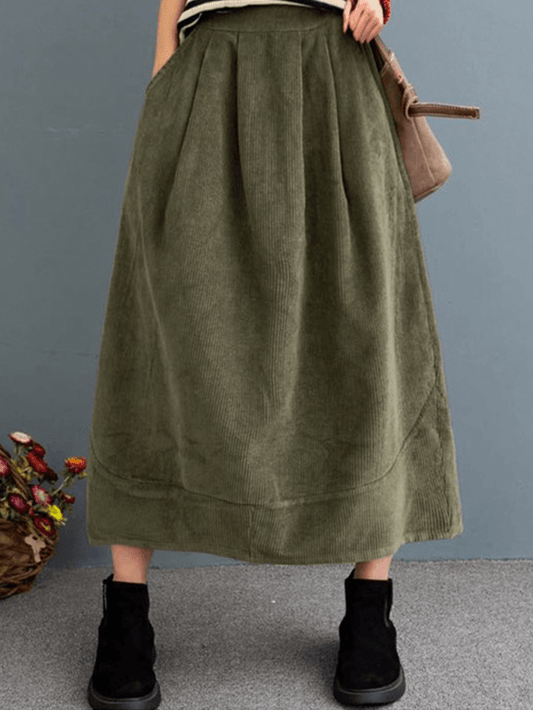 Women Corduroy Solid Elastic Waist Leisure Skirt with Side Pockets - Skirts - DINIBLO 