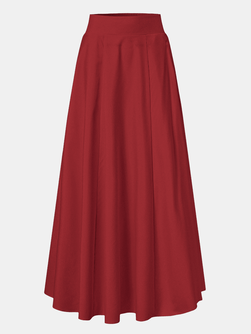 Women Solid Color A-Line Elastic Waist Casual Swing Skirts with Pocket - Skirts - DINIBLO 