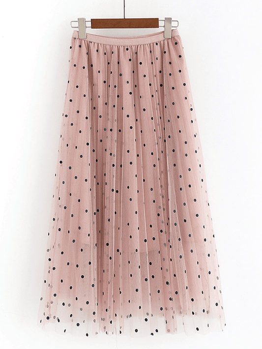 Women Polka Dot Print Gauze Elastic Waist Midi Mesh Pleated Skirt - Skirts - DINIBLO 