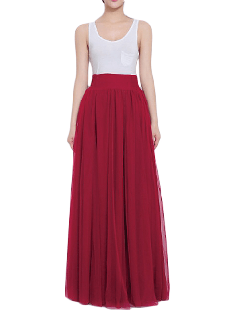 Solid Color Mesh Tulle Pleated Maxi Skirt - Skirts - DINIBLO 