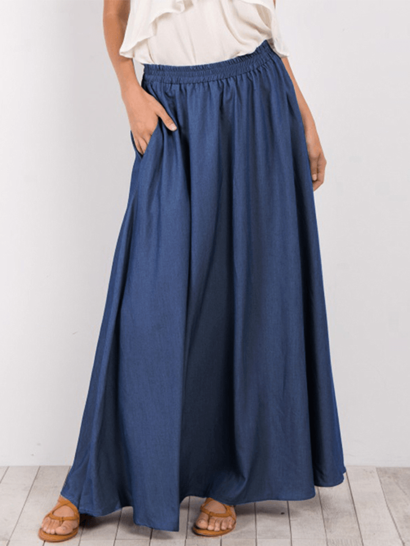 Women Pure Color Elastic Waist Simple Swing Skirts with Pocket - Skirts - DINIBLO 