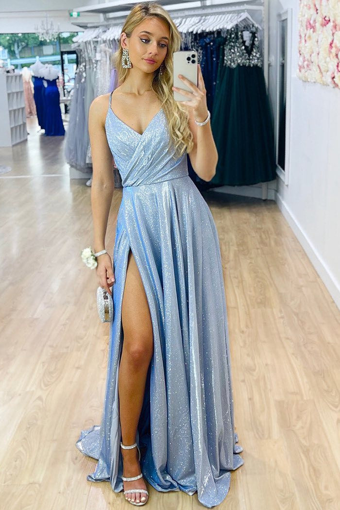 Sparkle V-Neck Blue Long Prom Dress with Slit - prom dress - DINIBLO 