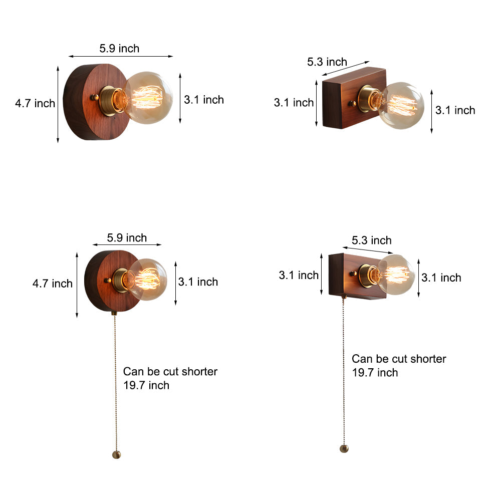 Round/Square Vintage Walnut Wood Wall Lamp 1-light with Pull Chain Switch - Lighting > Wall Lights > Wall sconces - DINIBLO 