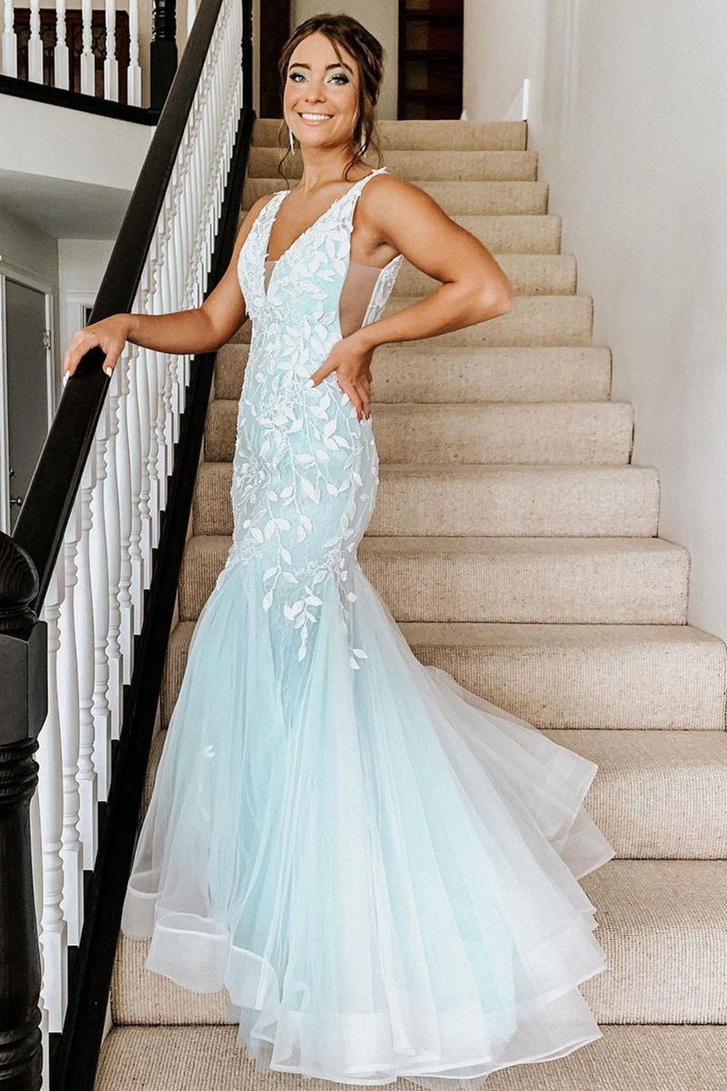 Trumpet V-Neck Mint Green Appliqued Porm Dress - Prom Dresses - DINIBLO 