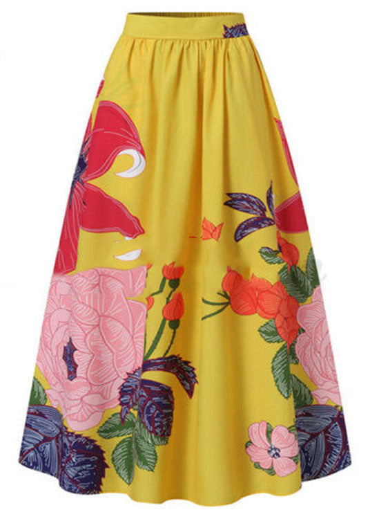 Bohemian Yellow High Waist Pockets Floral Print Cotton A Line Skirt Summer - Skirts - DINIBLO 