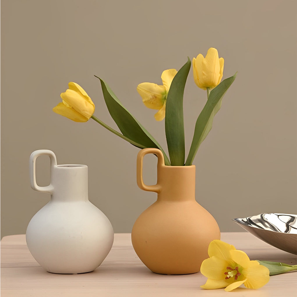 Round Ceramic White Yellow Flower Vases with Single Handle - Home Decor > Home Accessories > Vases - DINIBLO 