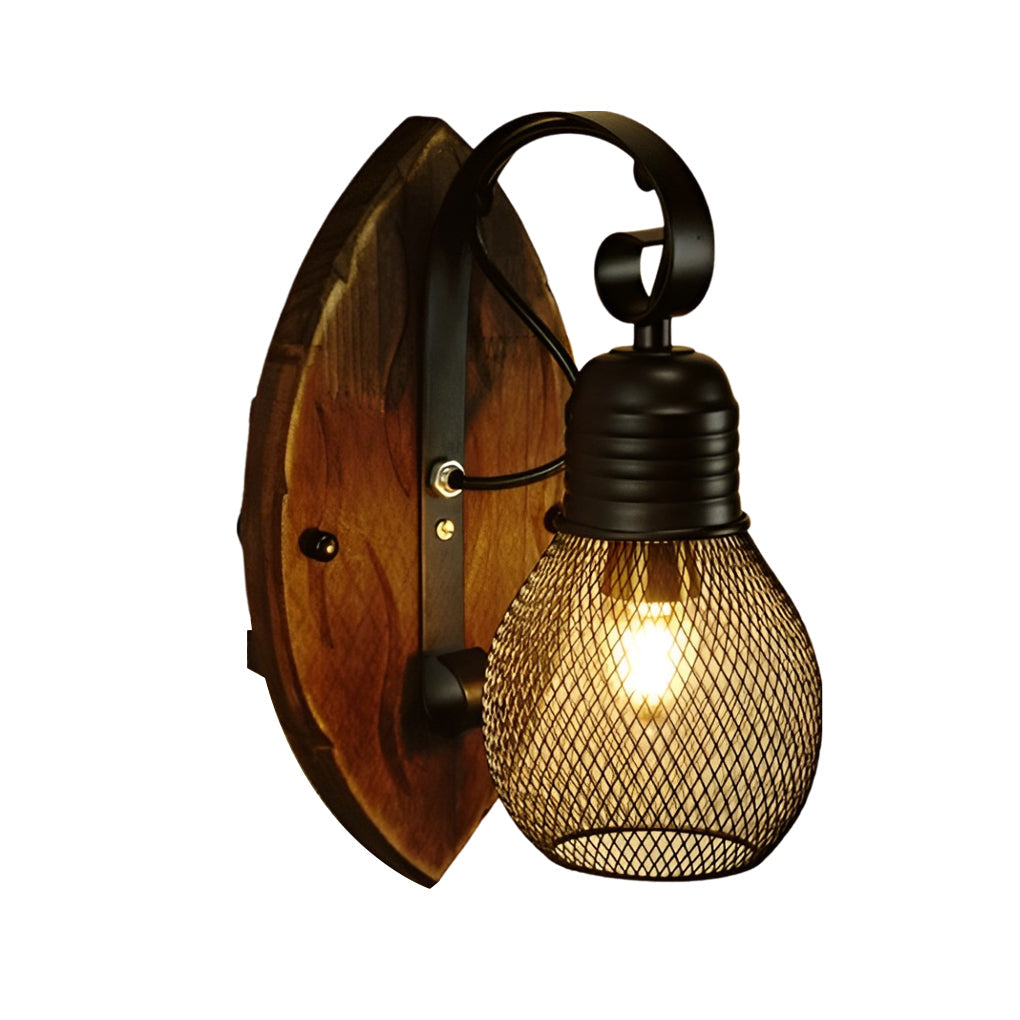 Rustic Antique Wood Iron Hollow Mesh Black E27 Industrial Style Wall Lamp - Lighting > Outdoor Lighting > Outdoor Wall Lighting - DINIBLO 