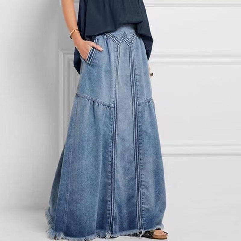 Women Distressed Solid Color Elastic Waist Loose Denim Skirt With Pocket - Skirts - DINIBLO 