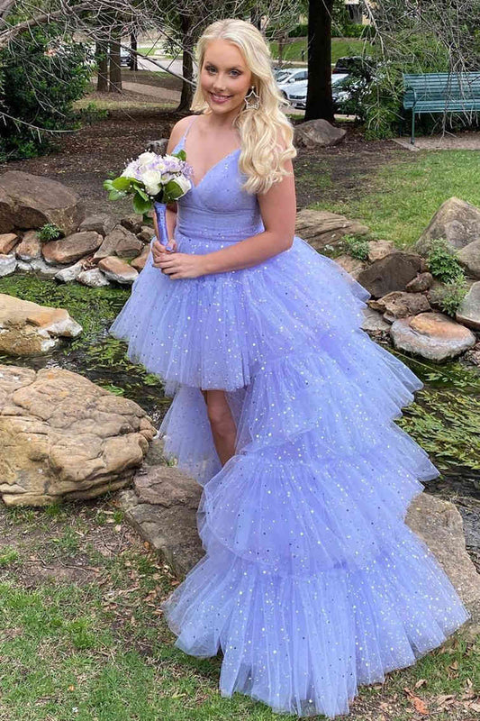 Glitter Hi-Low Lavender Tiered Tulle Prom Dress - prom dress - DINIBLO 