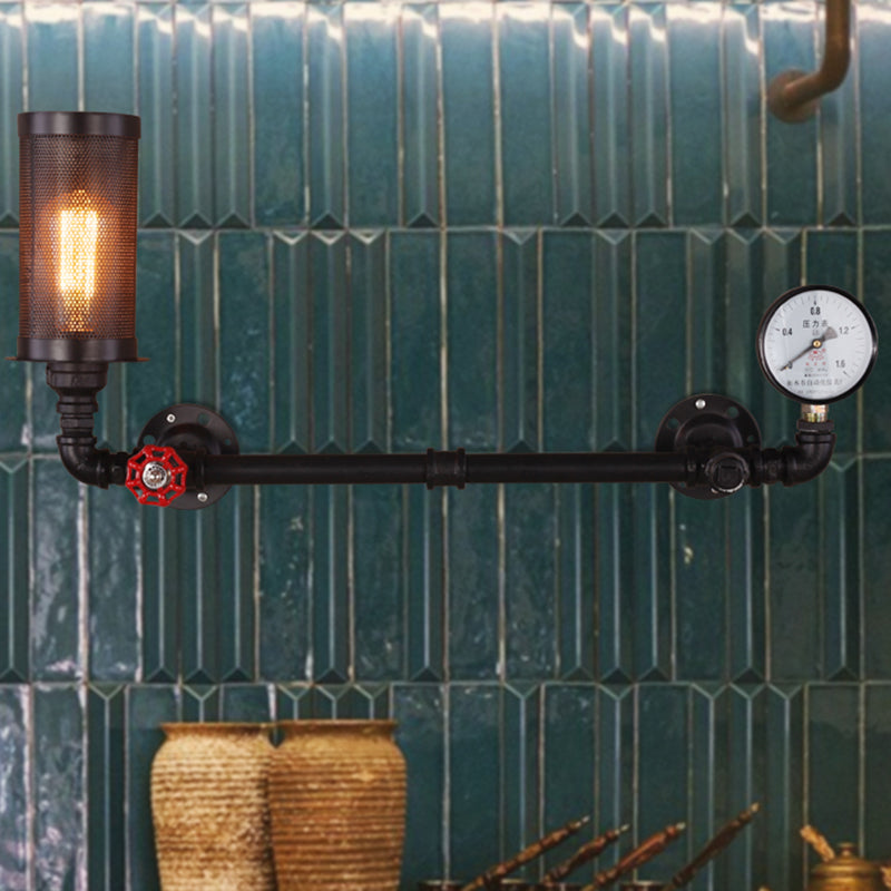 Vintage Water Pipe Wall Mounted Lamp with Gauge and Valve in Black - Single Bulb Fixture -  - DINIBLO 