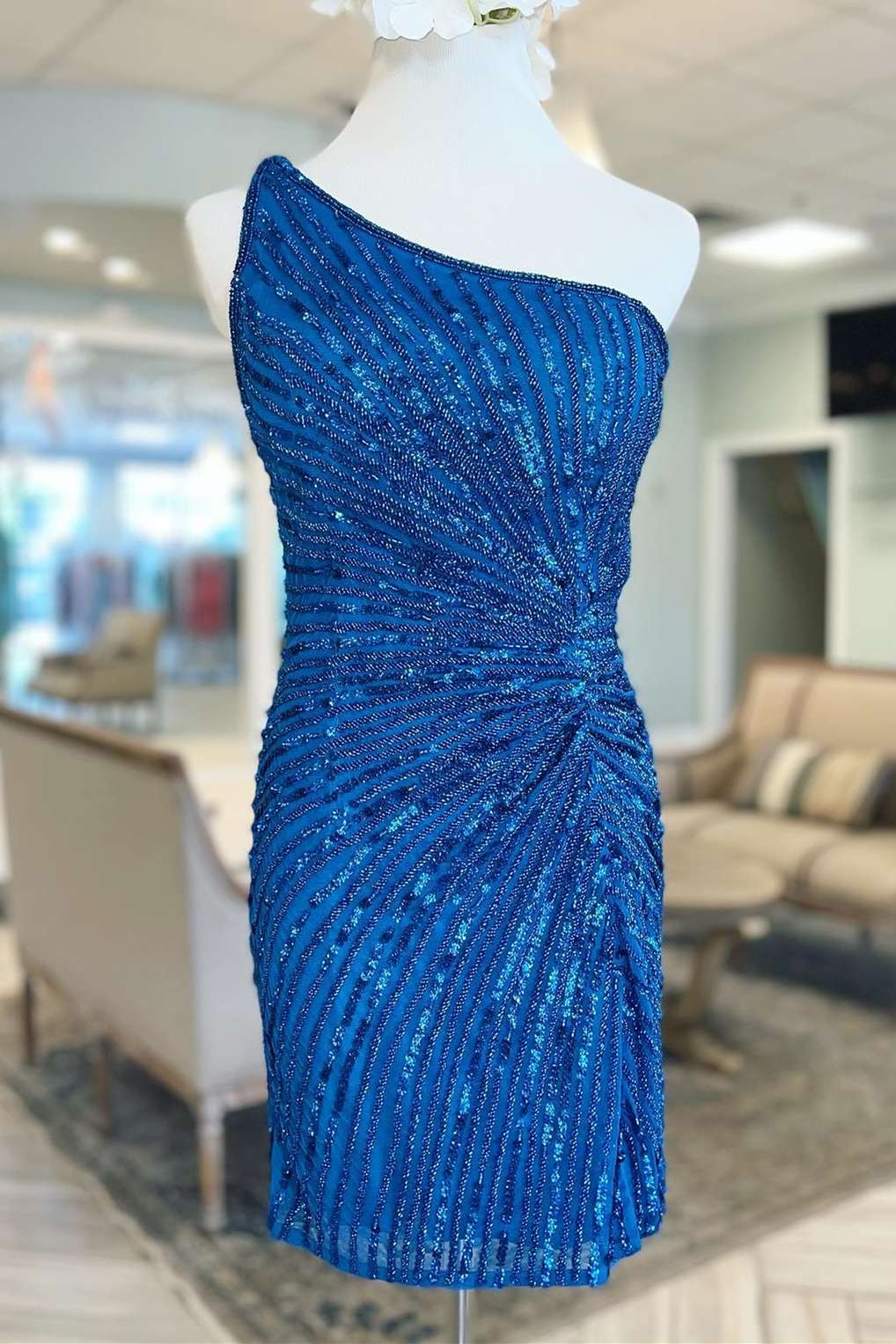 Zariyah | Blue Beaded One-Shoulder Short Cocktail Dress - Prom Dress - DINIBLO 