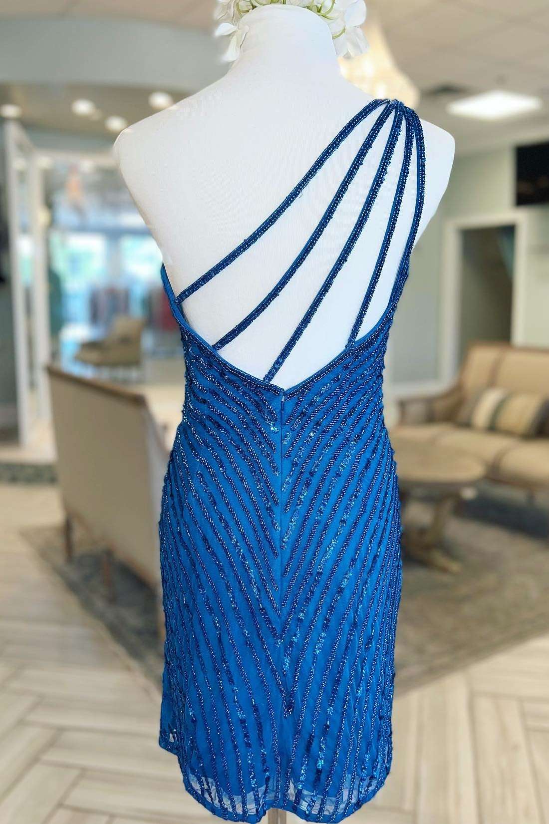 Zariyah | Blue Beaded One-Shoulder Short Cocktail Dress - Prom Dress - DINIBLO 