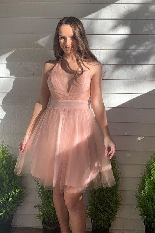 Winifred |A-line Blush Deep V-Neck Tulle  Homecoming Dress - Homecoming Dress - DINIBLO 