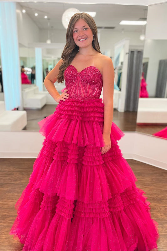 Adelyn |Fuchsia A-Line Sweetheart Tiered Tulle Prom Dress - Dresses - DINIBLO 